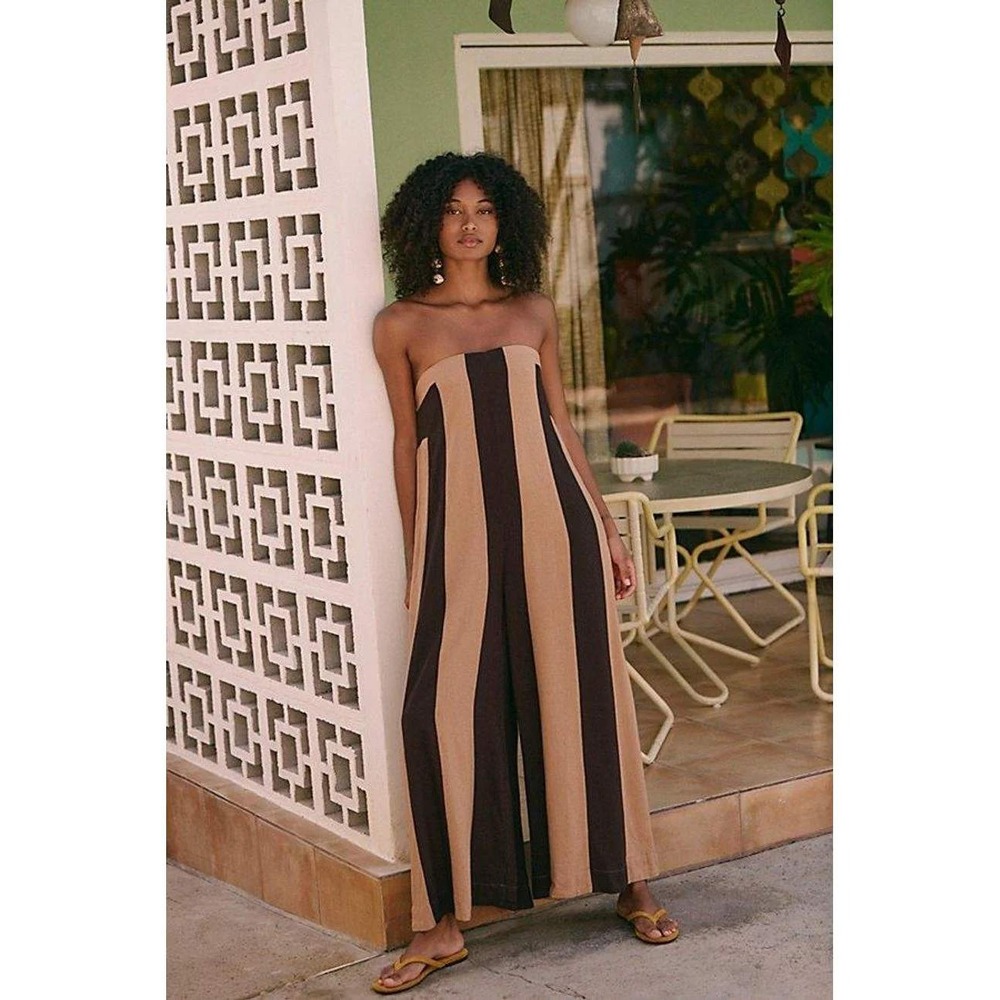 Free People Free-est Wide Leg Jumpsuit Women M Brown Tan Linen Blend Strapless